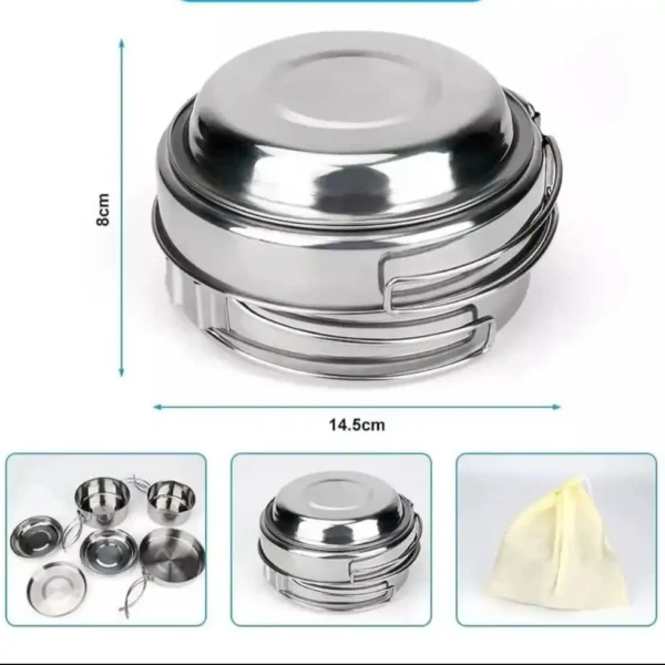 Juego de ollas y sartenes de camping de acero inoxidable.